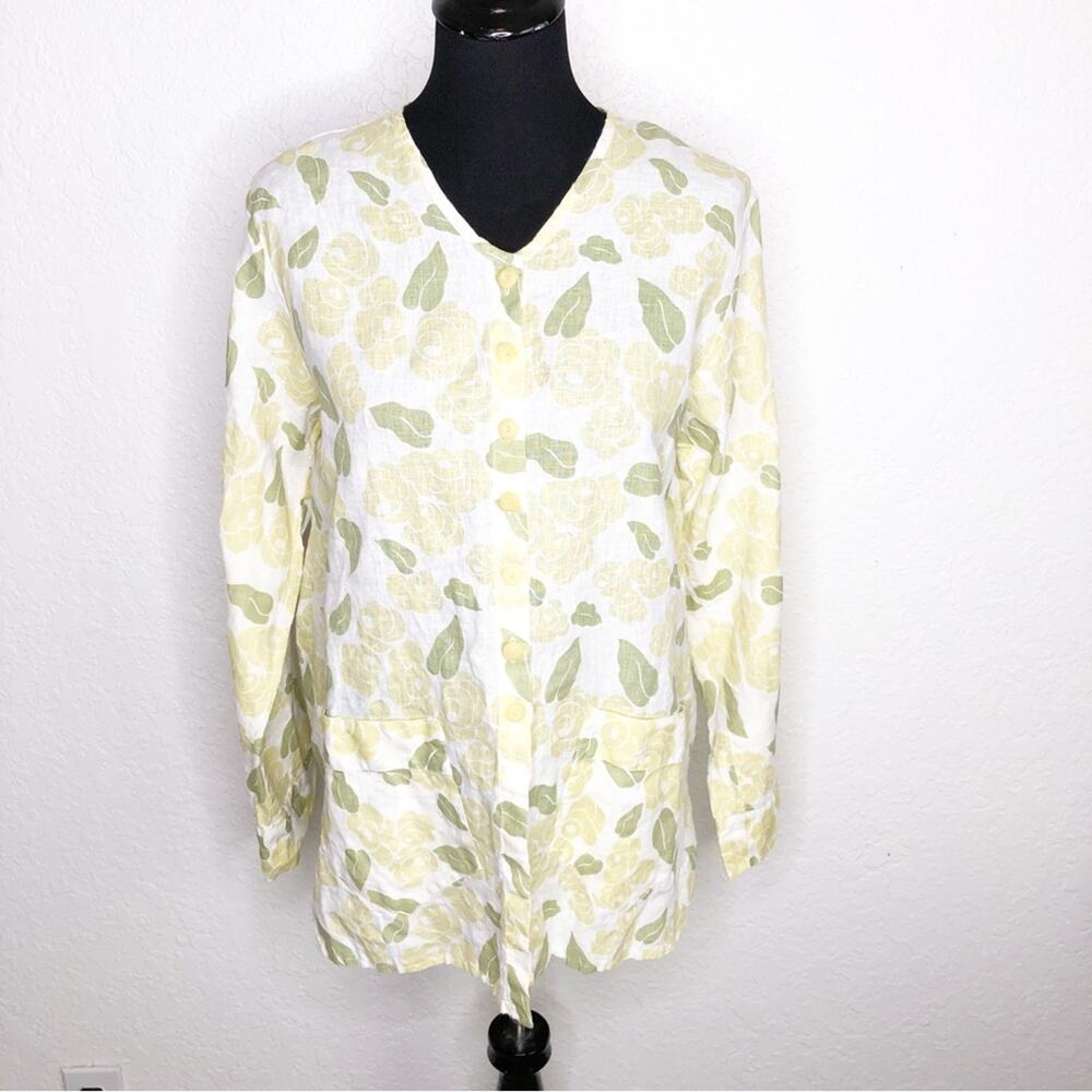 Flax white yellow green floral linen button down tunic top size Small lagenlook